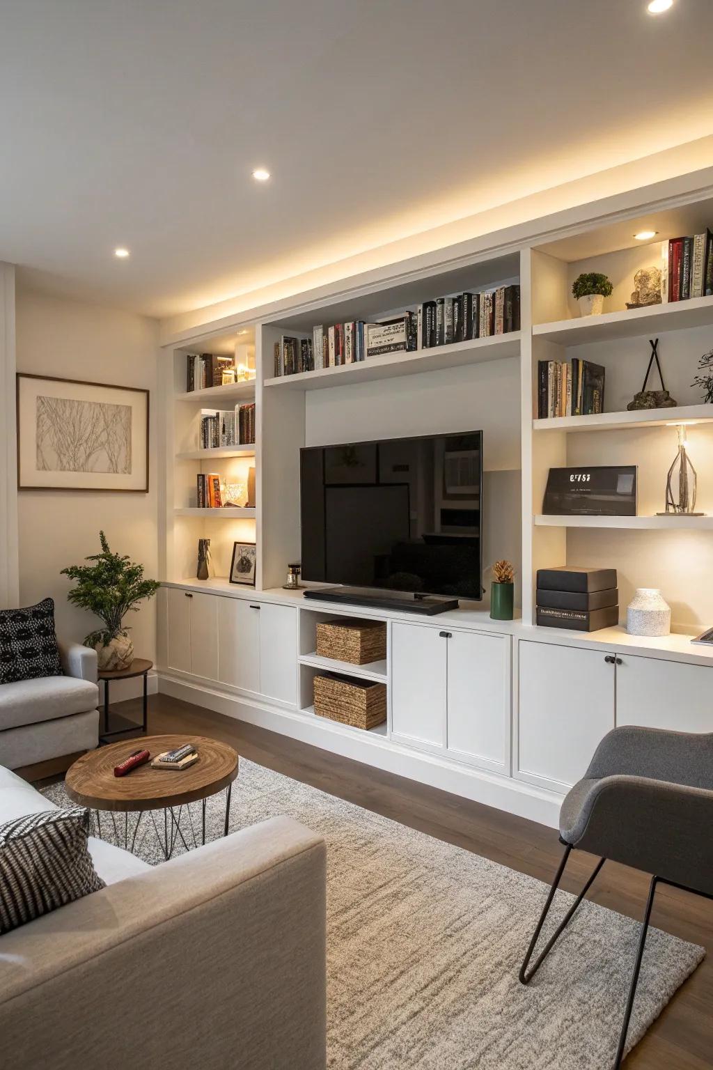 Built-in shelves offer elegant storage, seamlessly integrating your TV into the room's overall design.