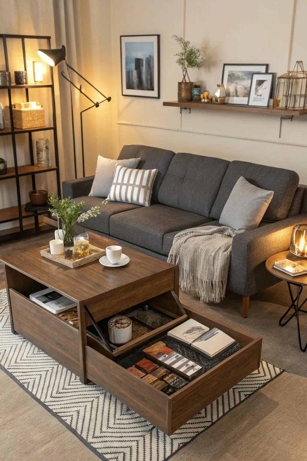 Versatile furnishings enhance utility in small quarters.