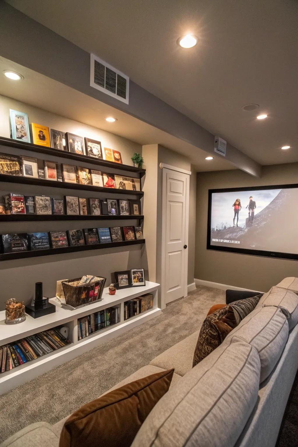 Elegant and practical floating shelves for movie storage.