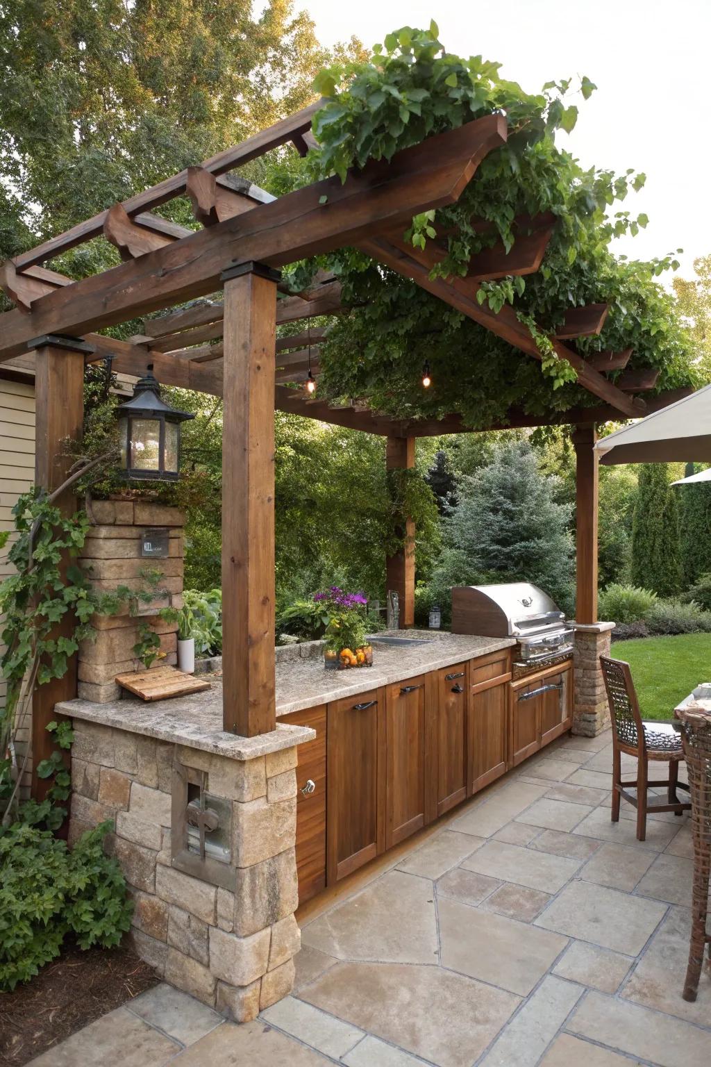 A pergola adds charm and shade to a small outdoor kitchen.