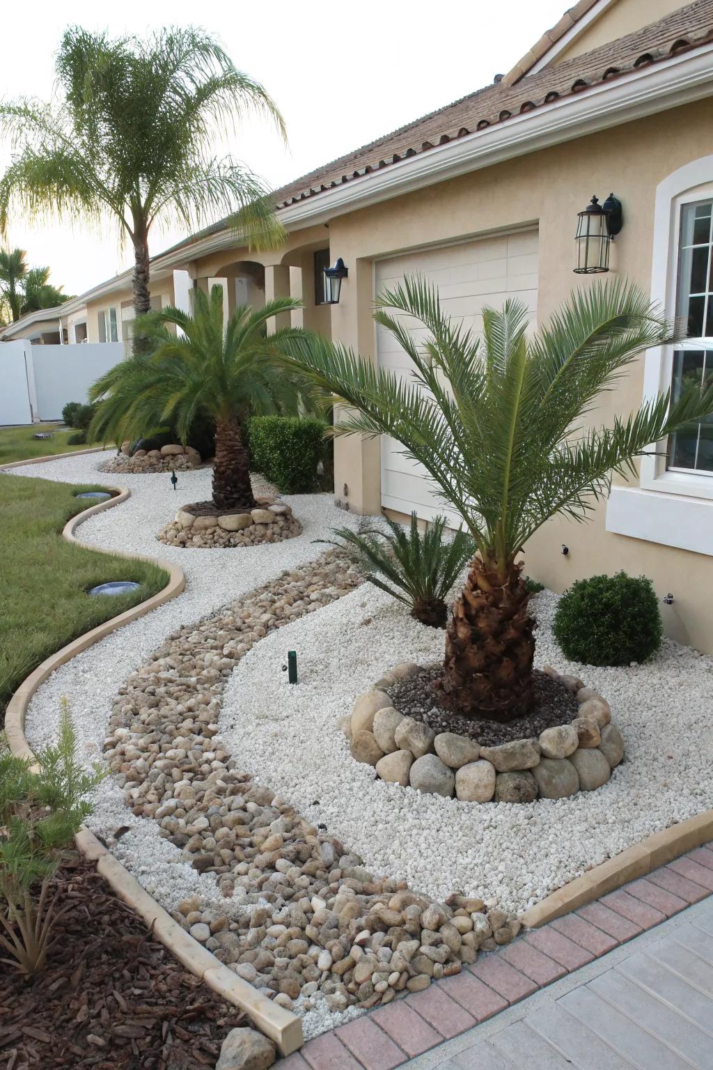 Decorative rocks and gravel add modern flair to palm tree landscaping.