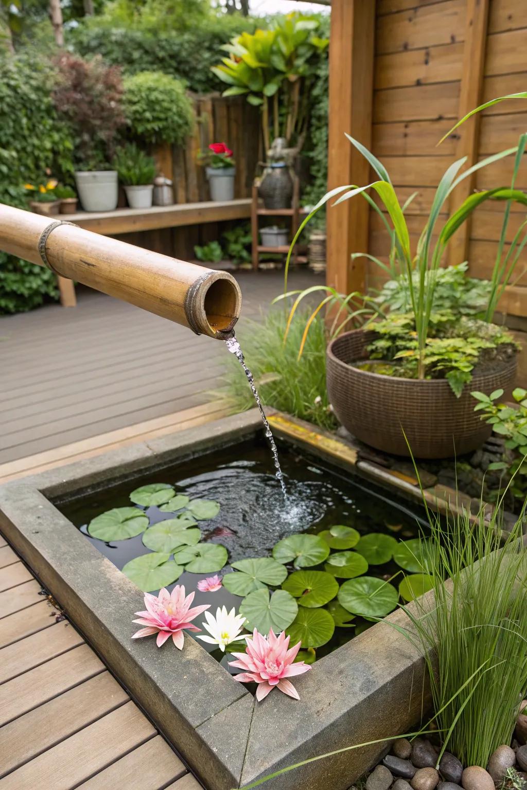 A compact pond adds a serene element to outdoor relaxation on the patio.