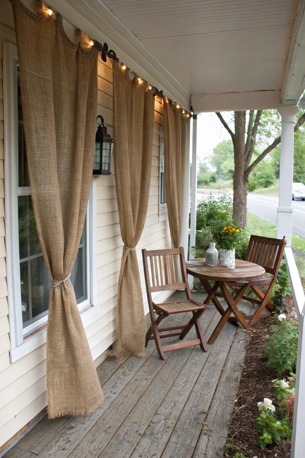Hessian curtains contribute a rustic appeal to your comfortable porch arrangement.