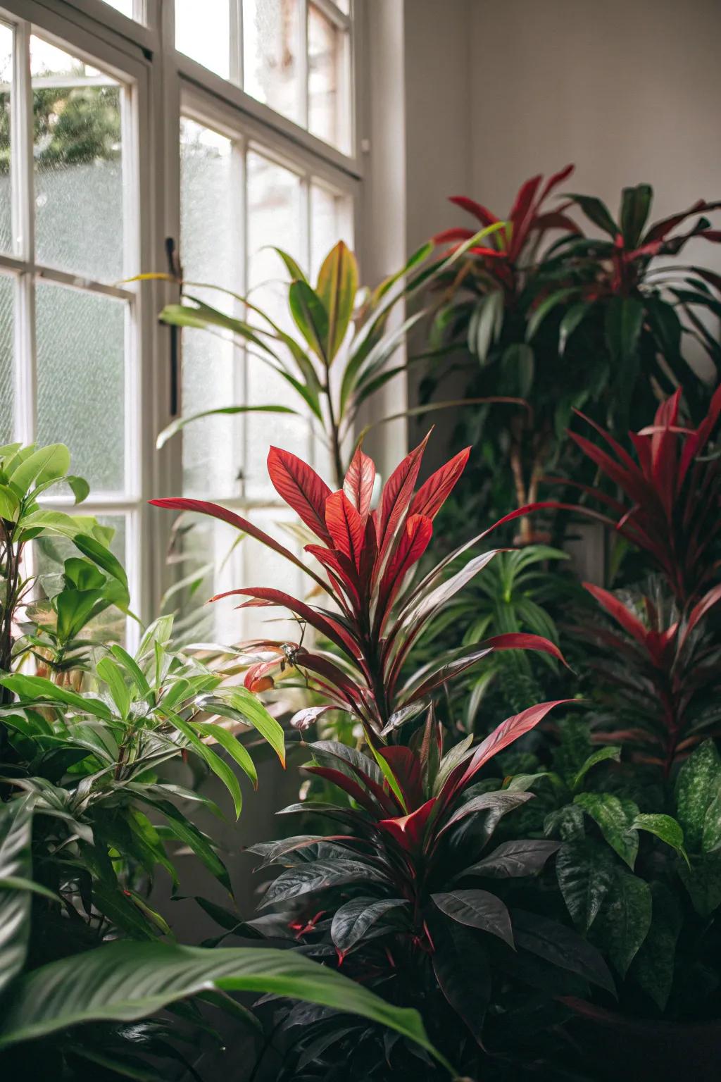 A lively mini-jungle infuses hue and vitality underneath a window.