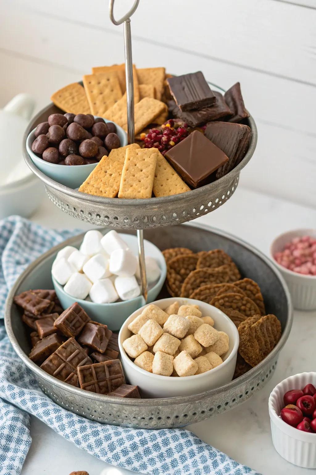 Multi-level dessert displays offer an aesthetically delightful way to present s'mores ingredients.