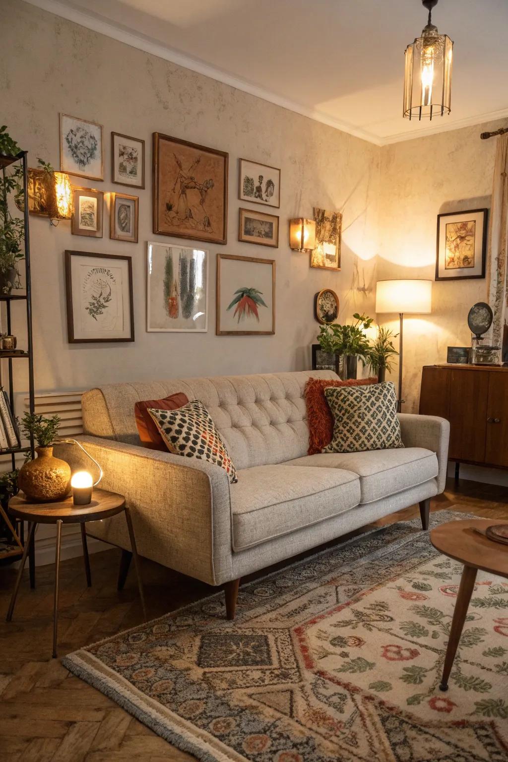 Vintage grace harmonizes with eclectic decor, creating a distinctive living space.