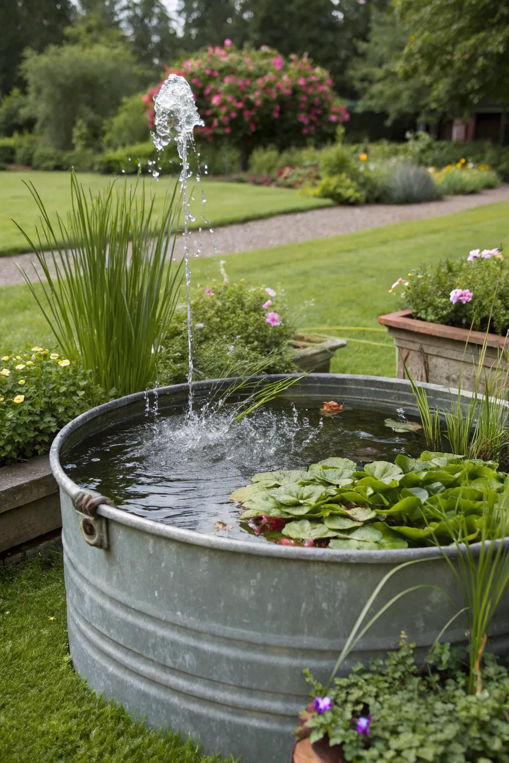A galvanized tub repurposed into a charming solar fountain retreat.