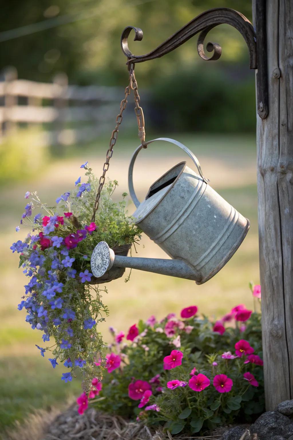 Transform your garden with a whimsical floral waterfall using a vintage watering can and vibrant blooms. #GardenInspiration #FloralStream