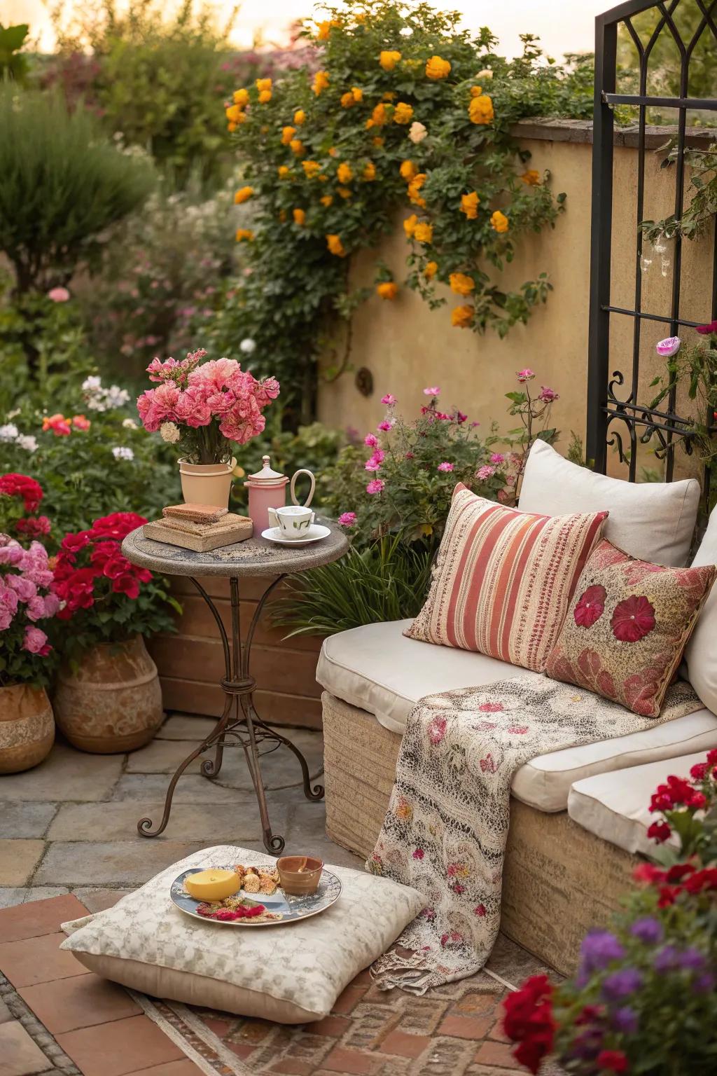 A serene outdoor seating area ideal for sipping morning coffee while taking pleasure in the garden.