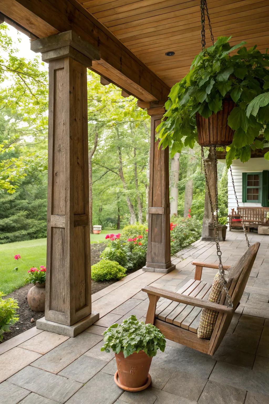 Cedar rectangular pillars offer a natural appeal to this rustic porch.