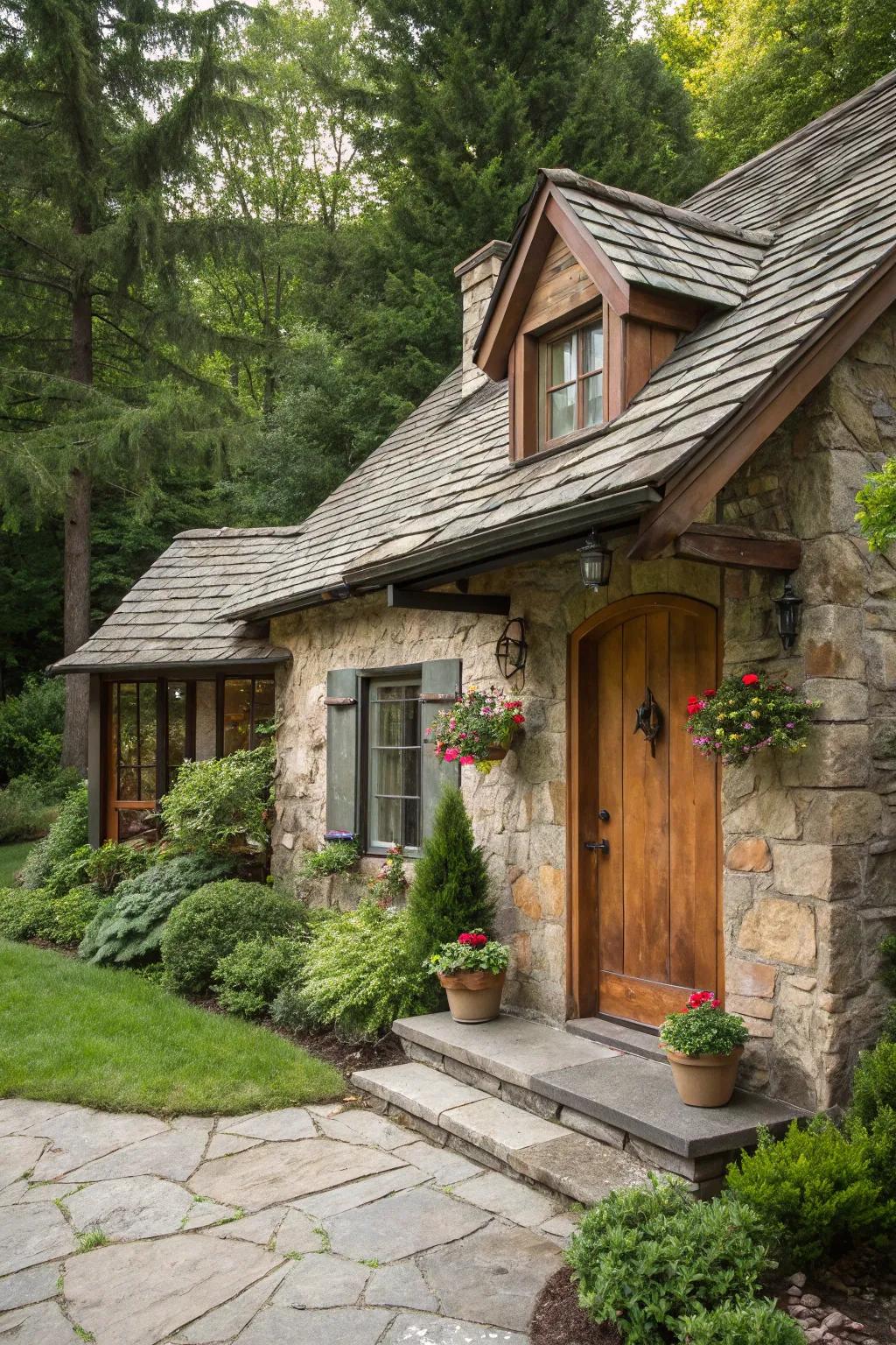 A cozy cottage-style house featuring a rustic fieldstone facade.