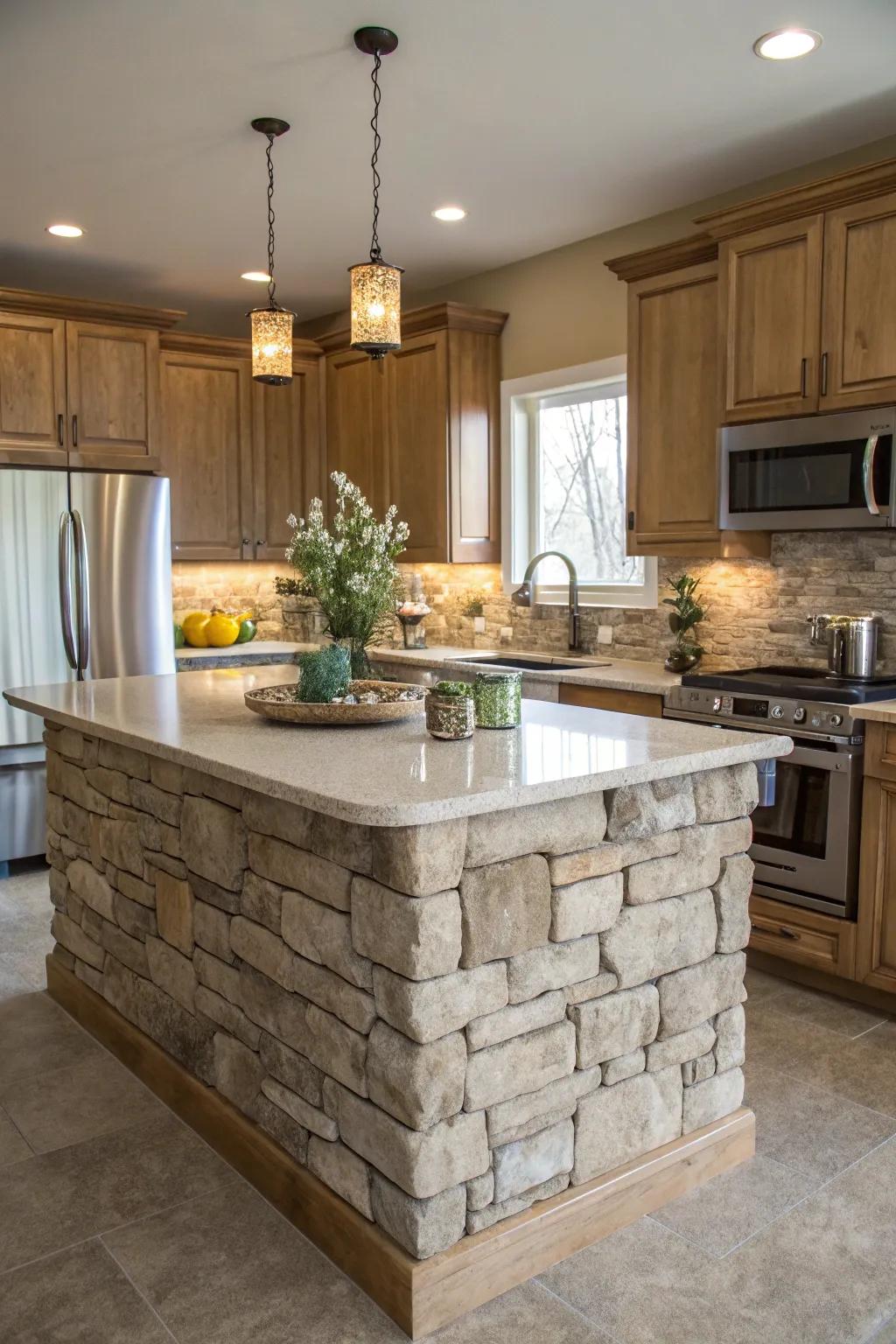A kitchen island featuring a striking natural stone facade.