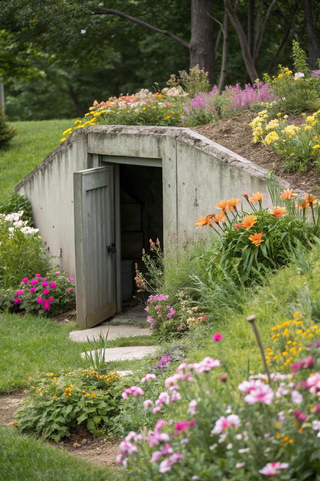 Radiant flowers turn the storm shelter into a captivating, colorful attraction.