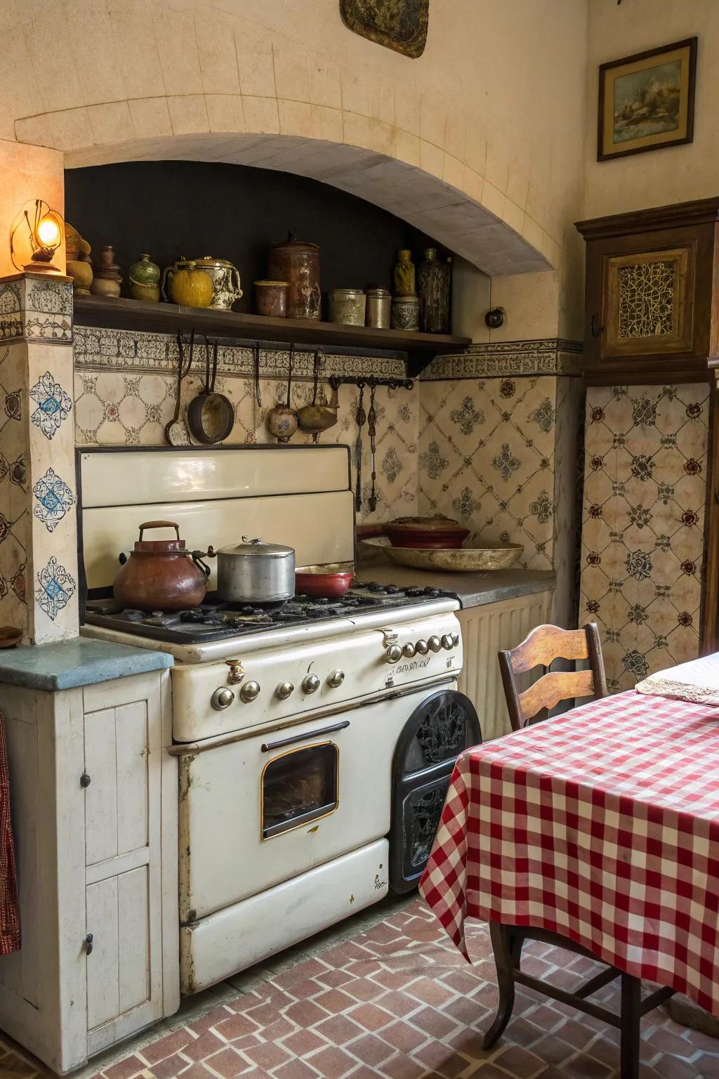 A vintage-inspired kitchen alcove featuring a classic stove and retro tiles, evoking timeless charm.