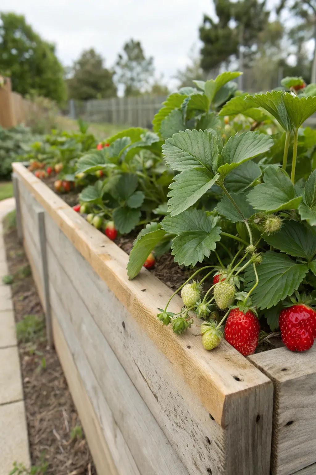 Strawberries flourishing in a charming wooden raised bed.