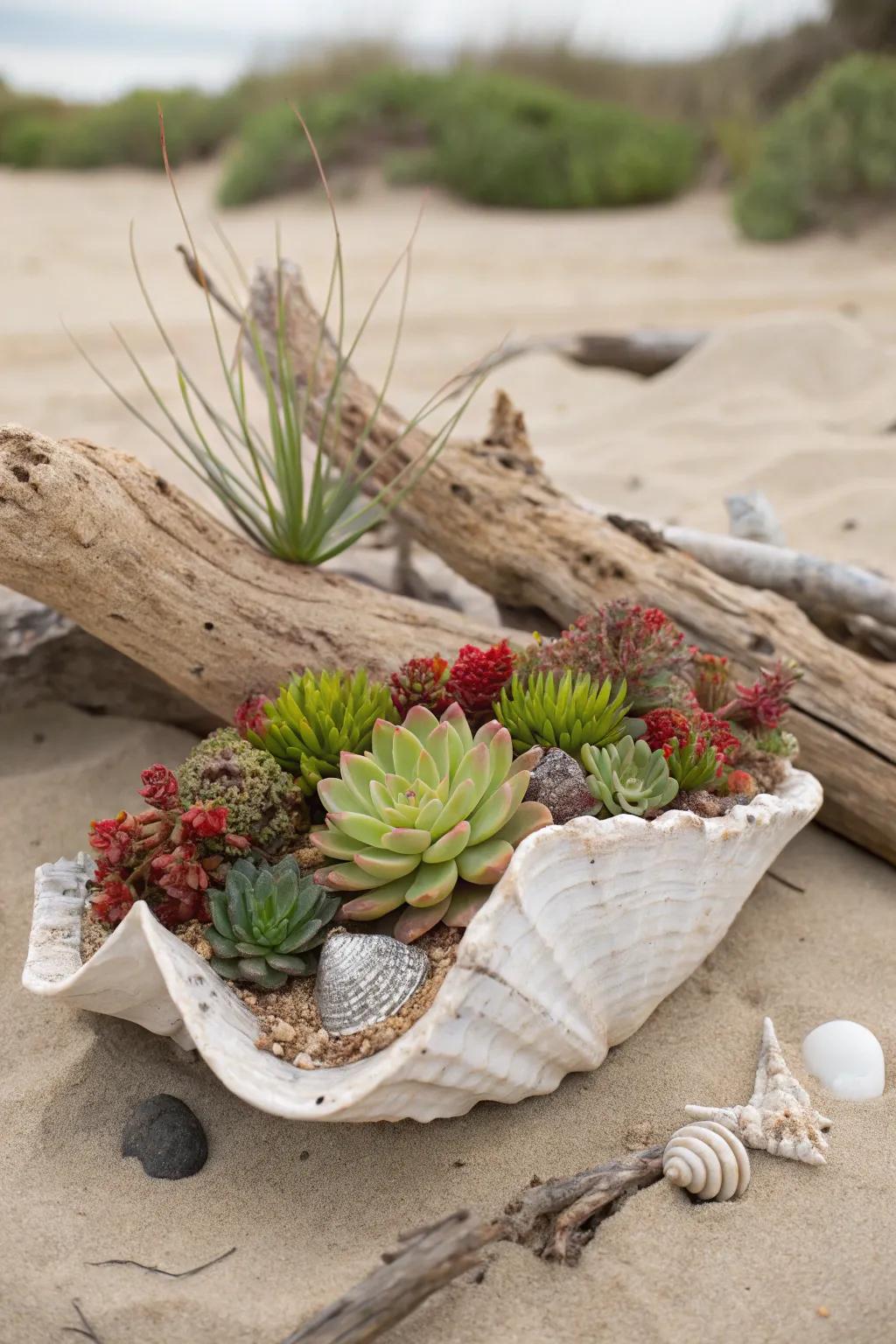 A coastal-inspired succulent display nestled in a seashell.