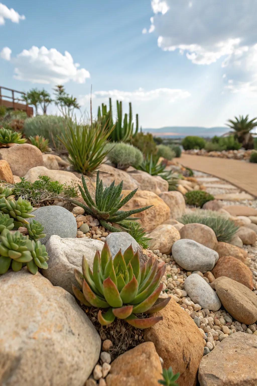 A natural rock garden with succulents nestled among stones and pebbles.