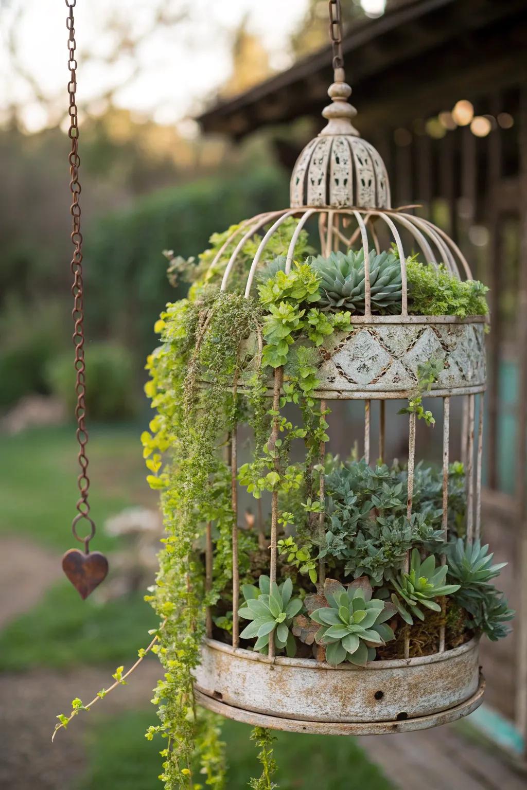 A whimsical birdcage garden adds charm and intrigue.