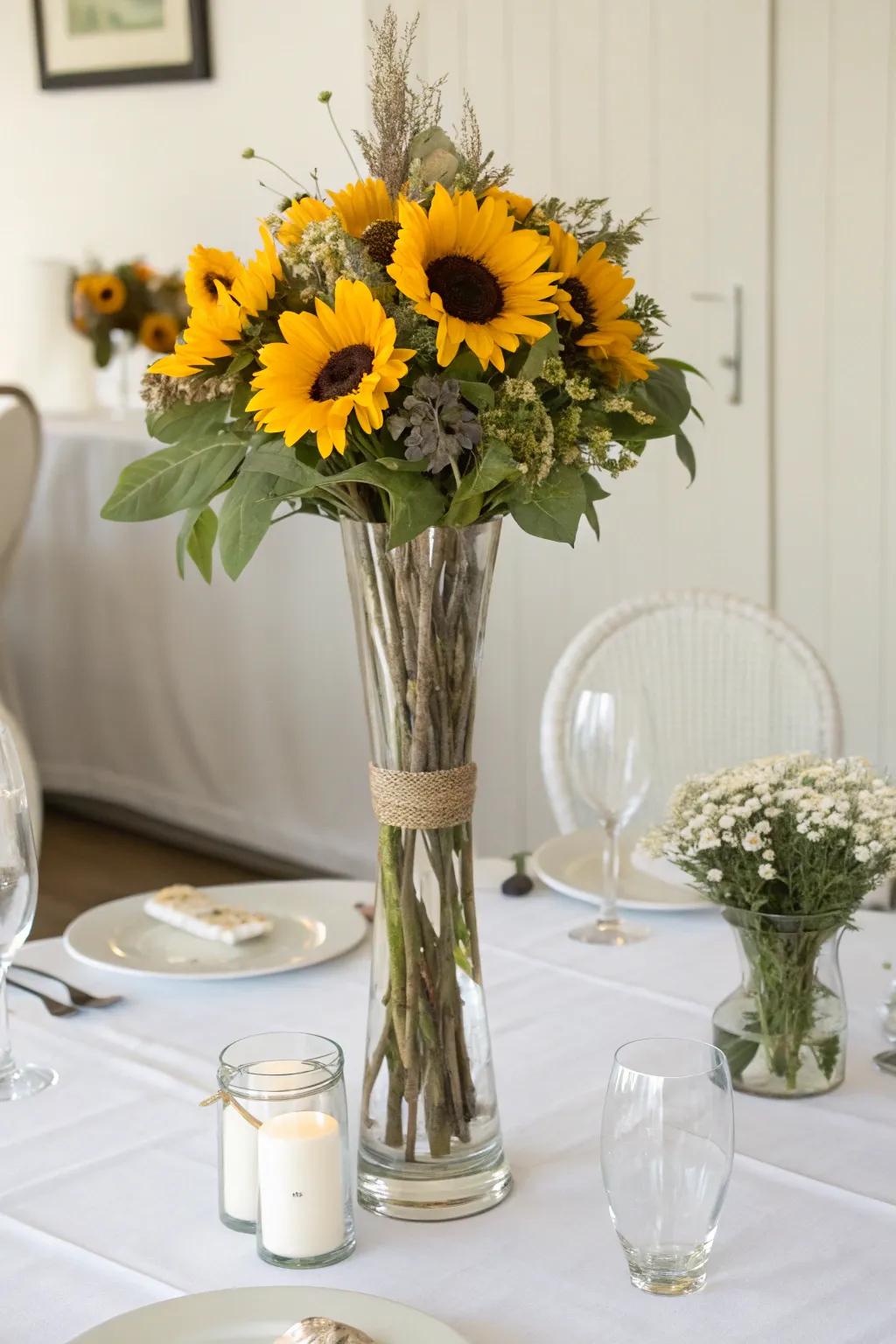 Elevate your dining setting with sunflowers in a glass vase.