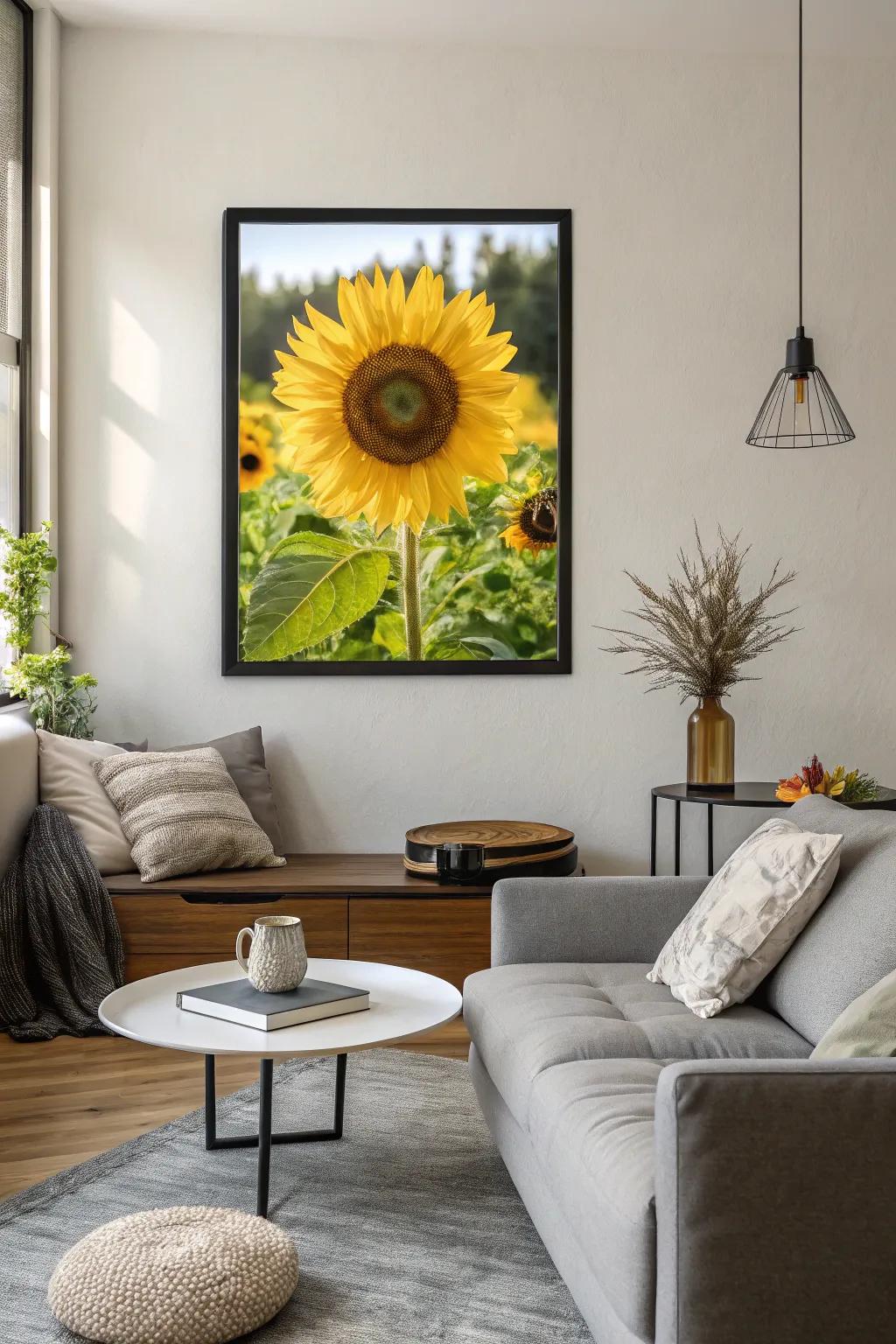 Framed sunflower art adding a touch of warmth to the room.