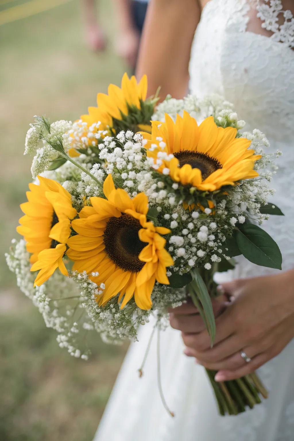 An astonishing bridal posy featuring golden blooms and breath flowers.