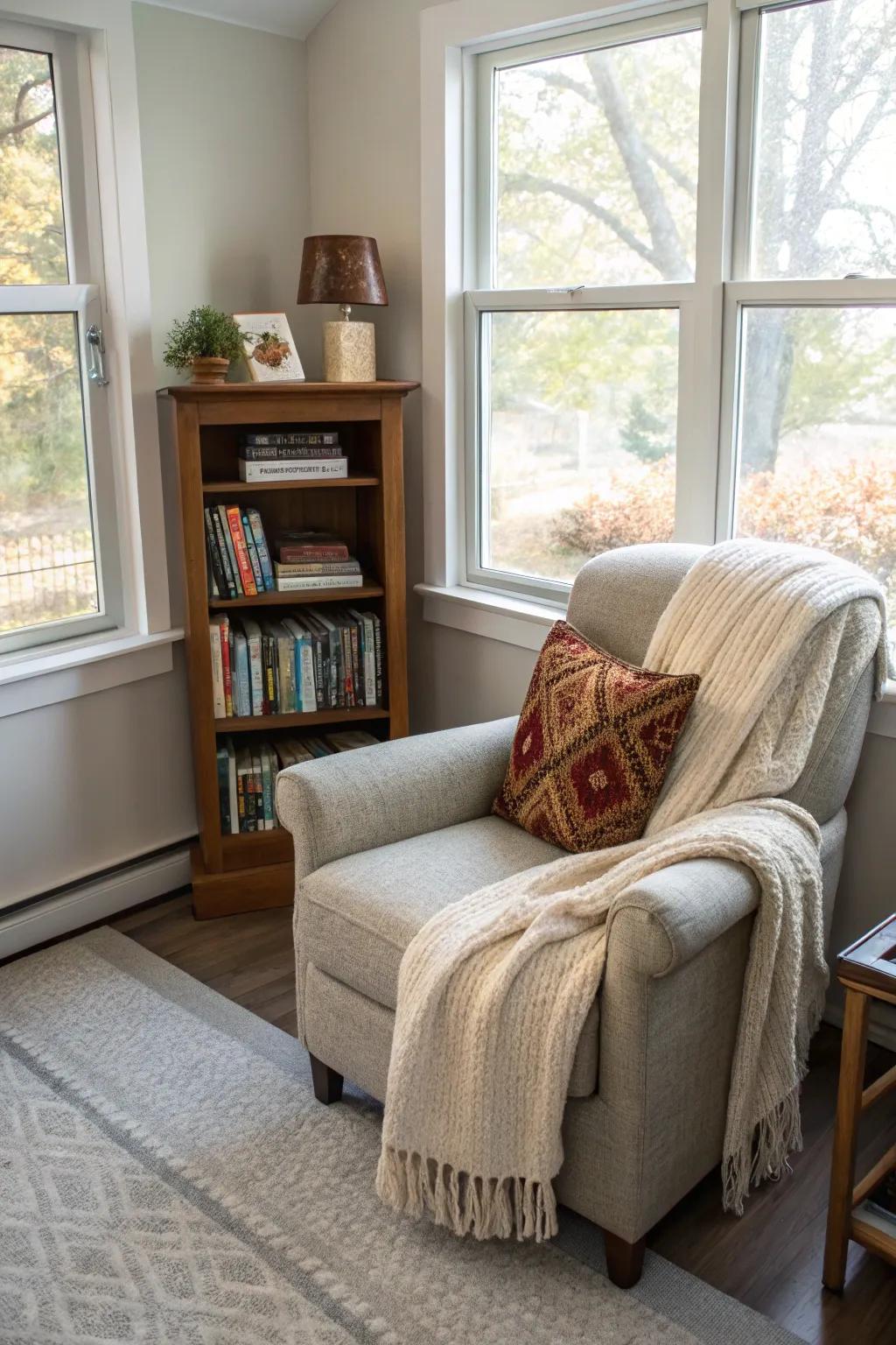 A cozy spot for reading tucked away in a sunroom.