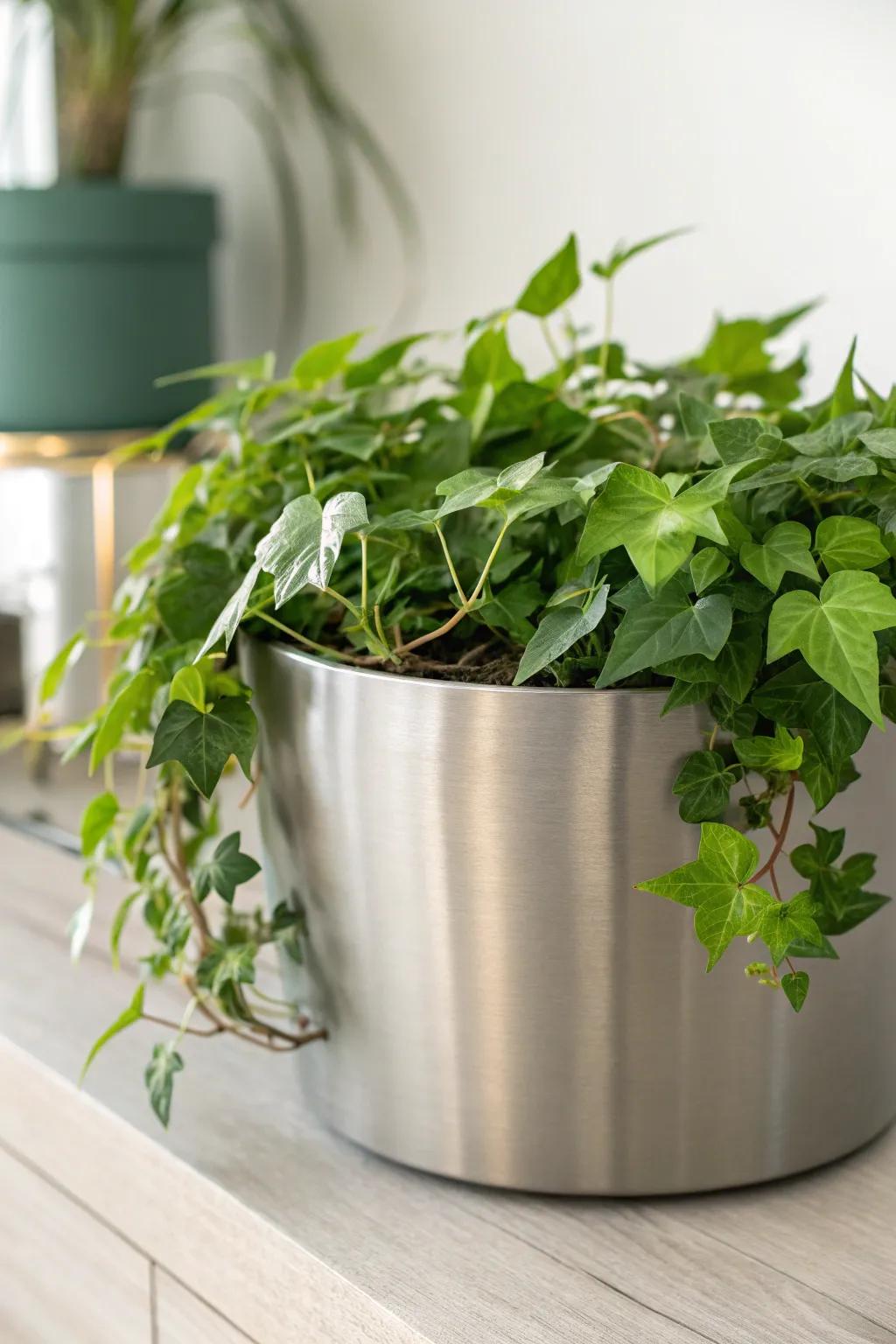 Elevate your greenery with metallic elegance: a perfect blend of industrial chic and natural beauty.