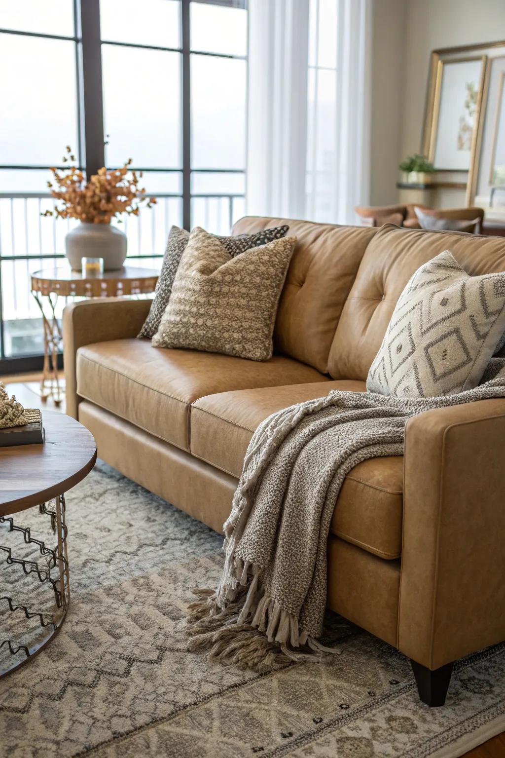 Textures bring warmth and interest to a tan couch setup.