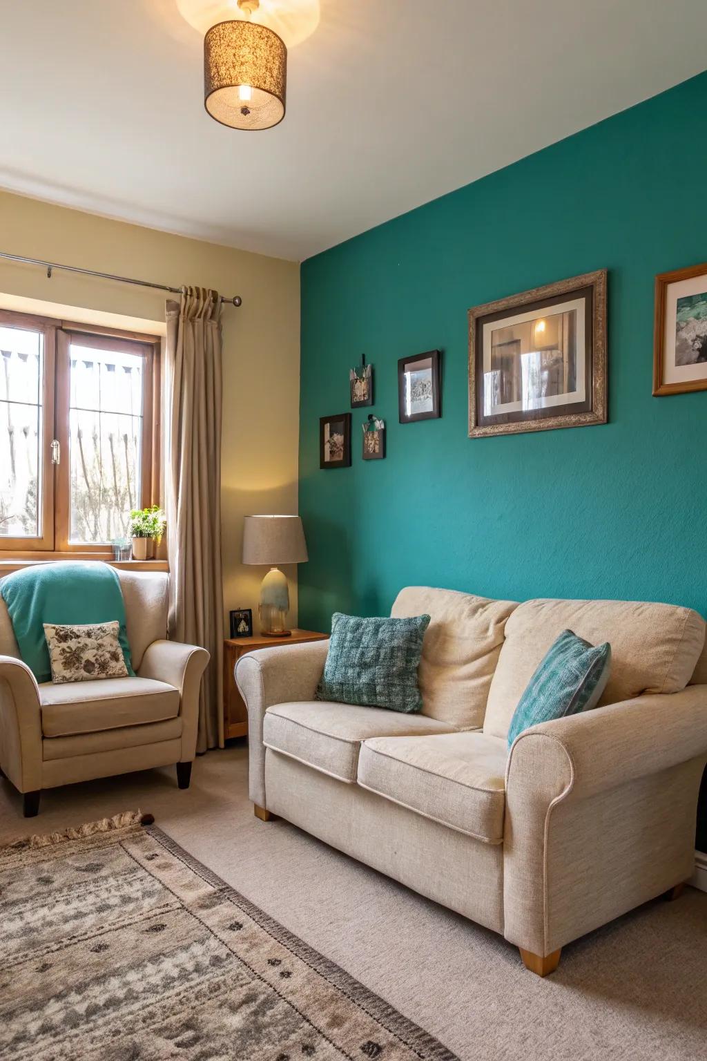 A teal accent wall adds depth and interest to a beige-themed room.