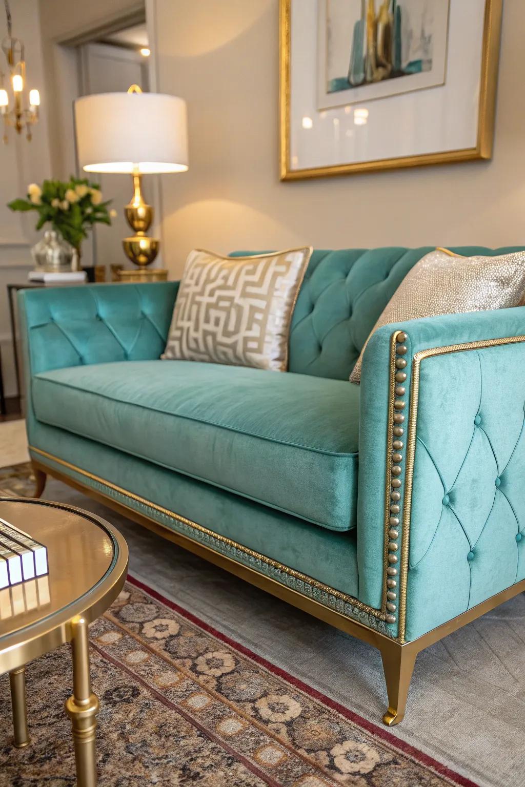 A turquoise couch catches the eye with its fancy metallic details.