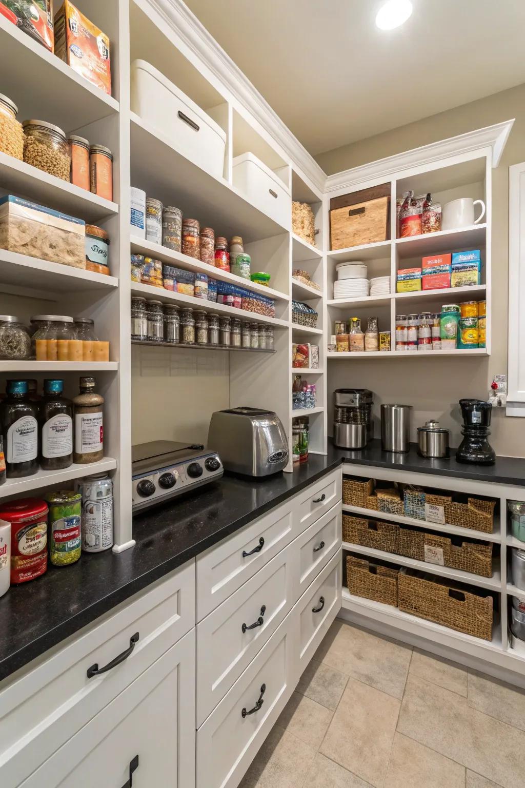 The quintessential walk-in pantry, a dream for kitchen organization enthusiasts.