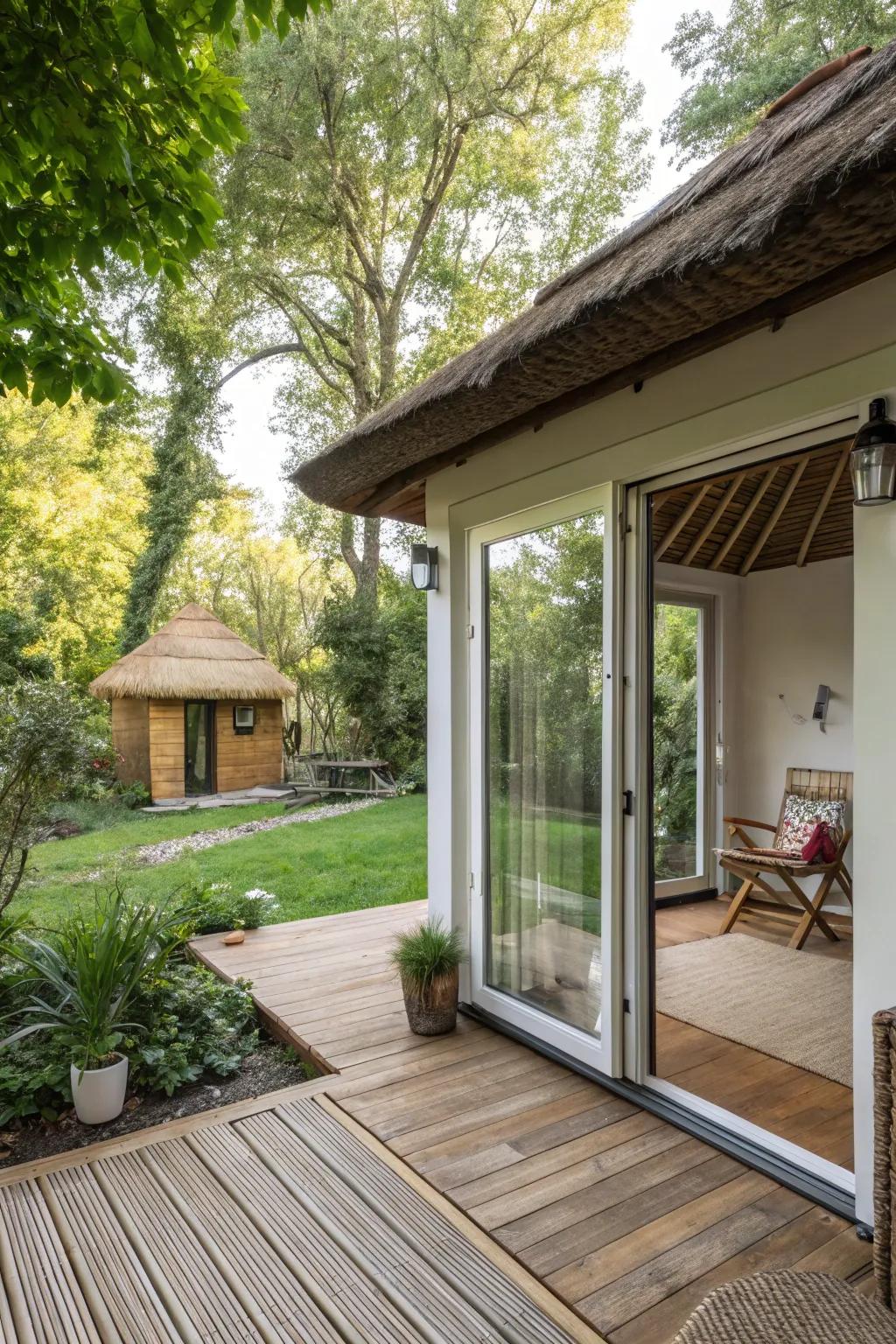 Sliding doors create a seamless connection with the outdoors.