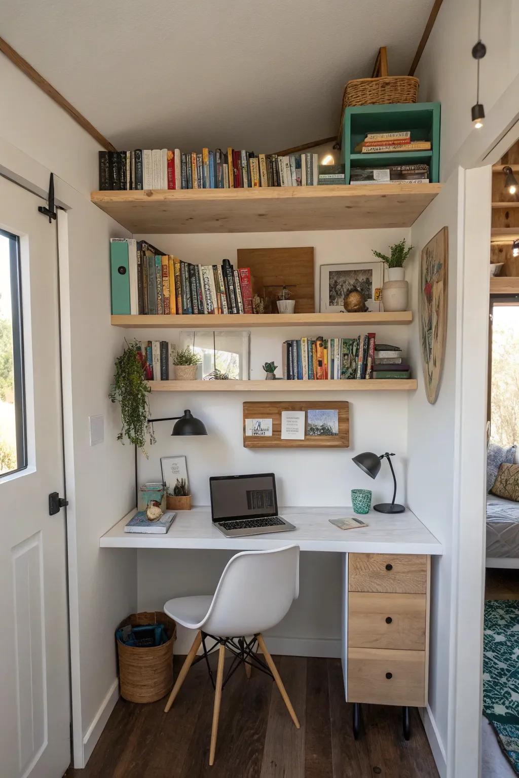 Built-in shelving helps to keep the workspace organized and clean.