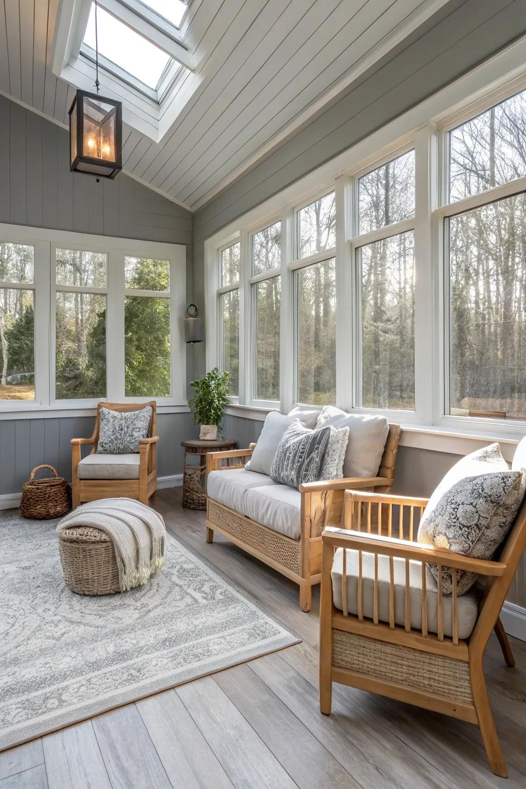 Soft gray walls in a sunroom offering a sophisticated and versatile decor palette.