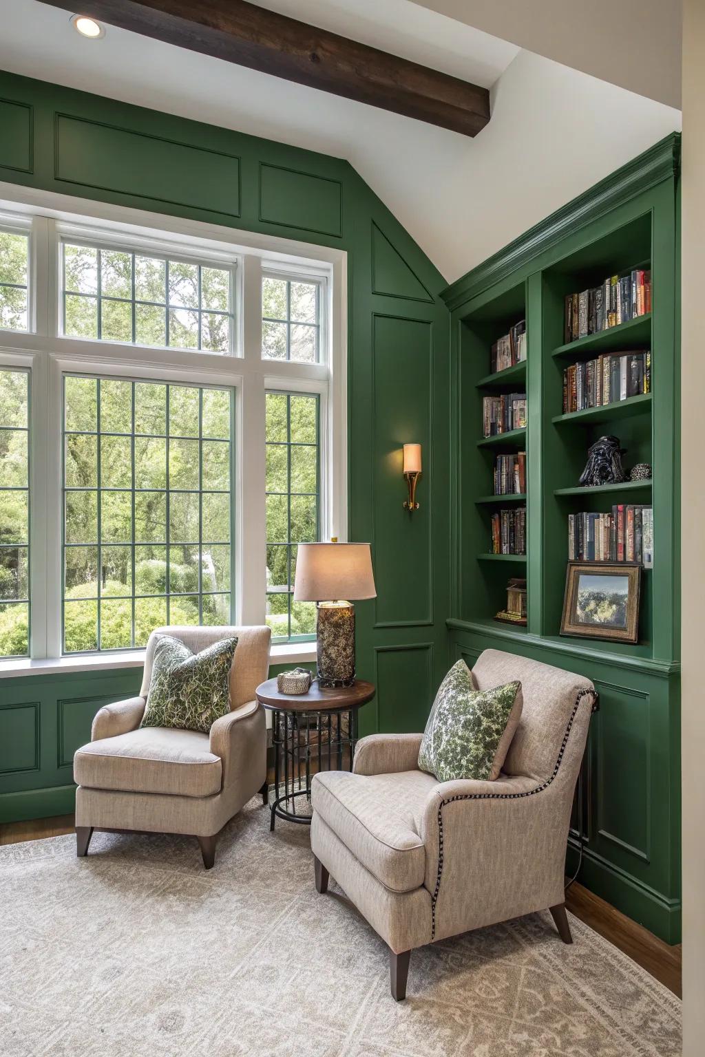 A striking green accent wall draws attention to a cozy reading area.