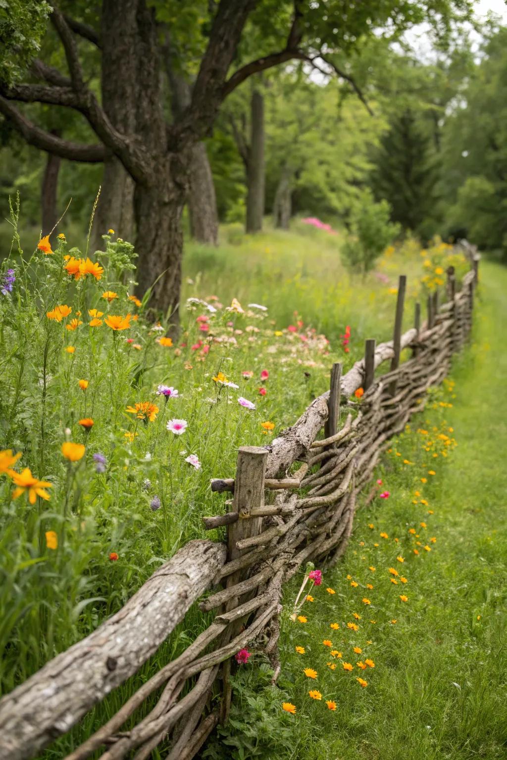A delightful weaved branch barrier introduces countryside magnetism.