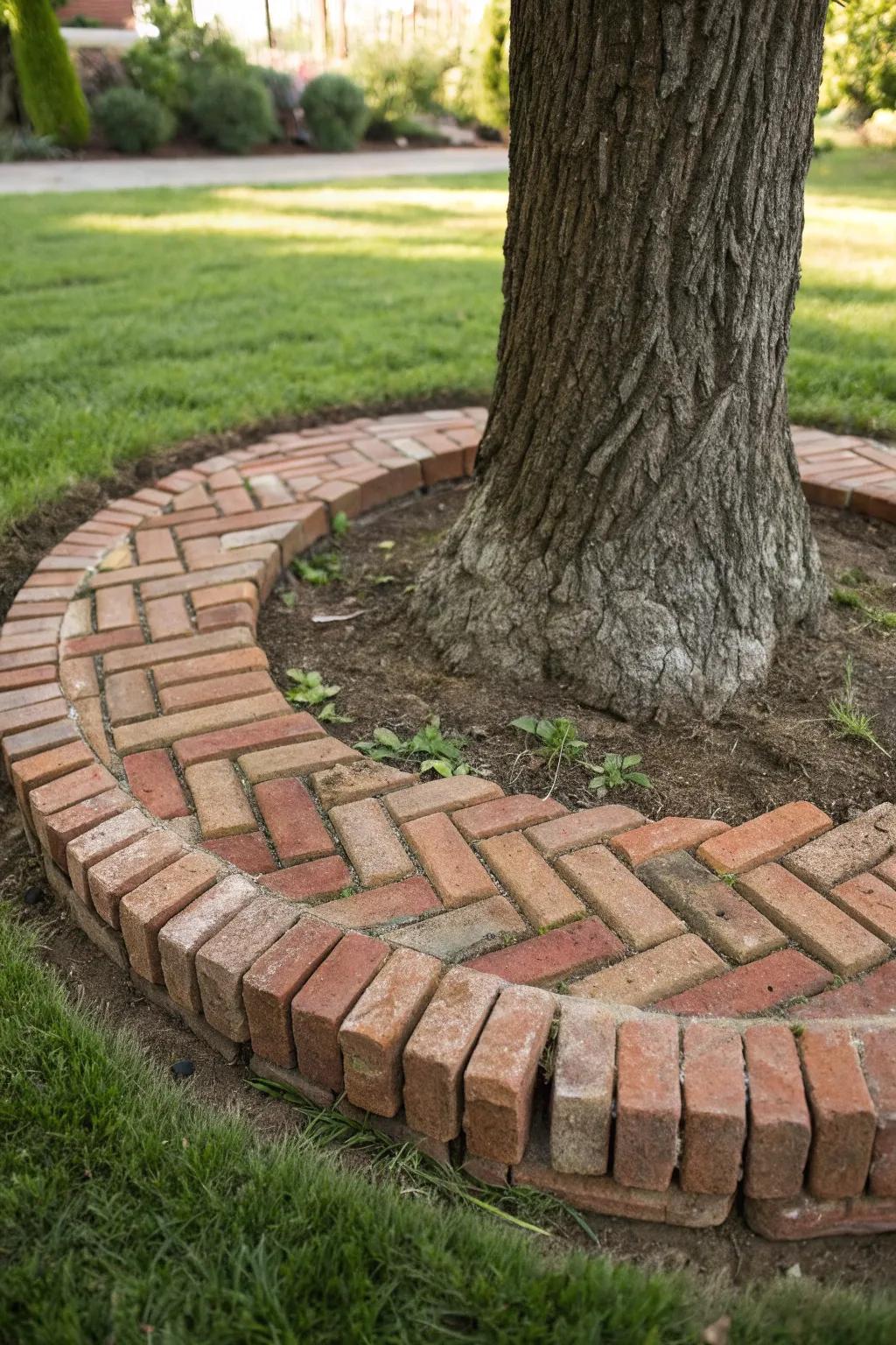 Embrace rustic elegance with a herringbone brick tree ring, adding warmth and nostalgia to your garden sanctuary.