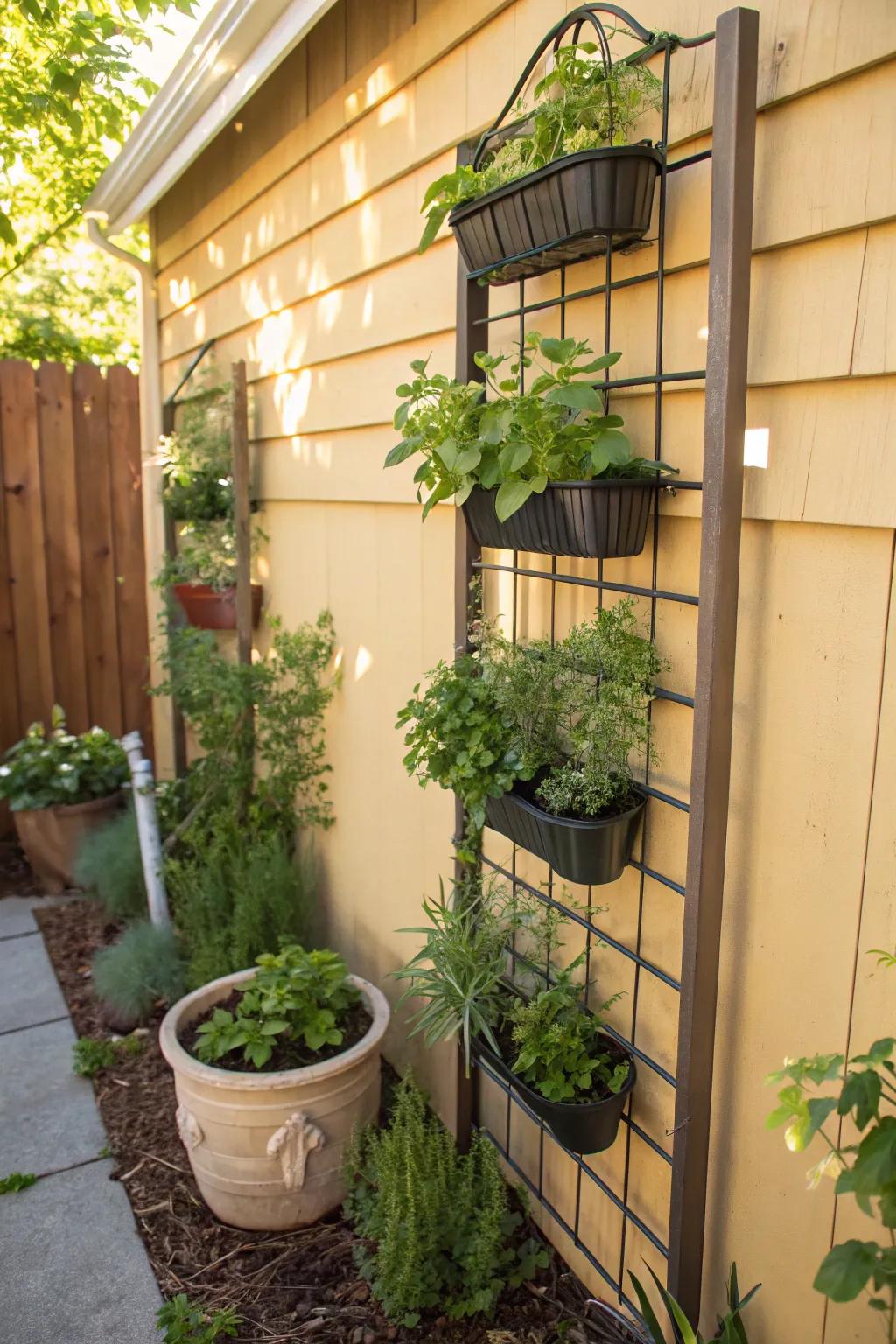 Maximize area with a vertical herb garden on a trellis.