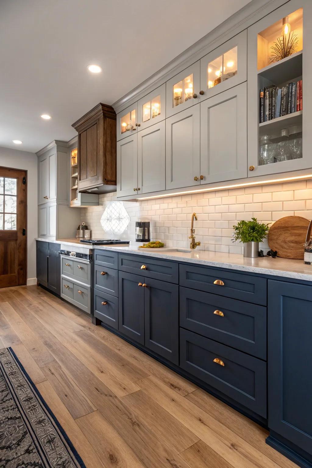 Amplify your kitchen's allure with a navy and gray scheme.