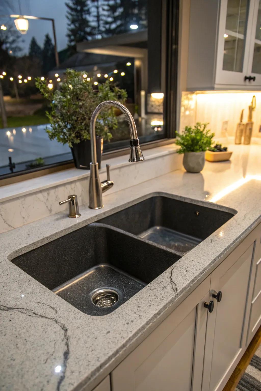 A composite stone undermount sink enhancing the luxury of a kitchen.