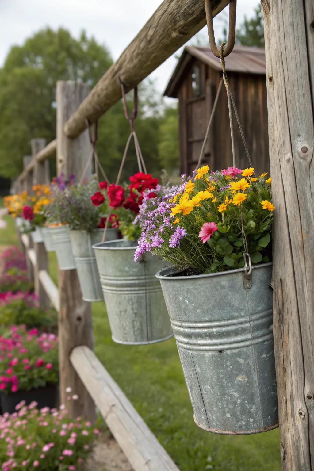 Galvanized buckets make charming rustic hanging planters.