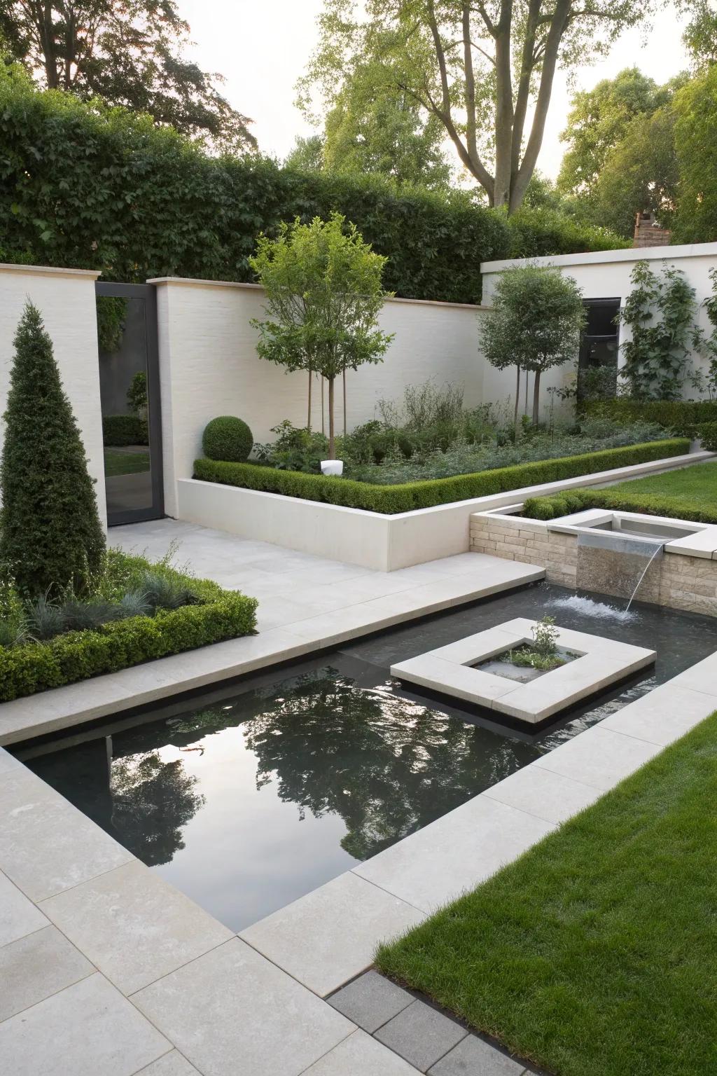 Contemporary angular water features introduce a stylish element.