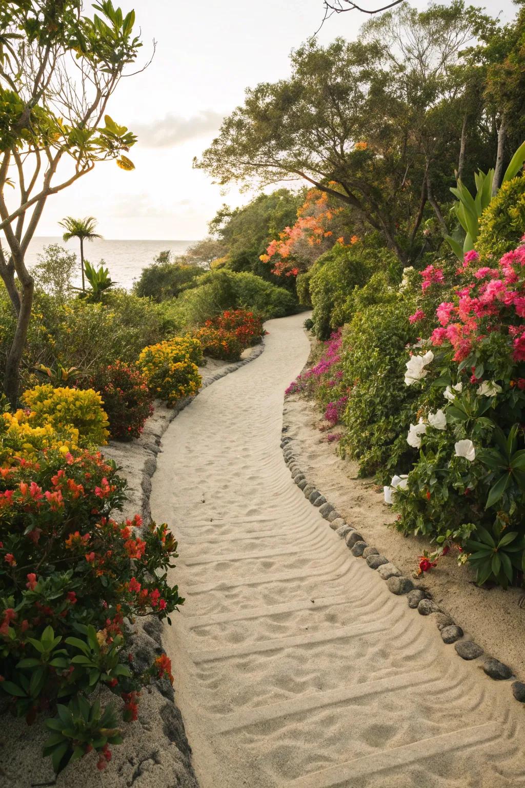 Sand pathways add a rustic charm perfect for garden strolls.