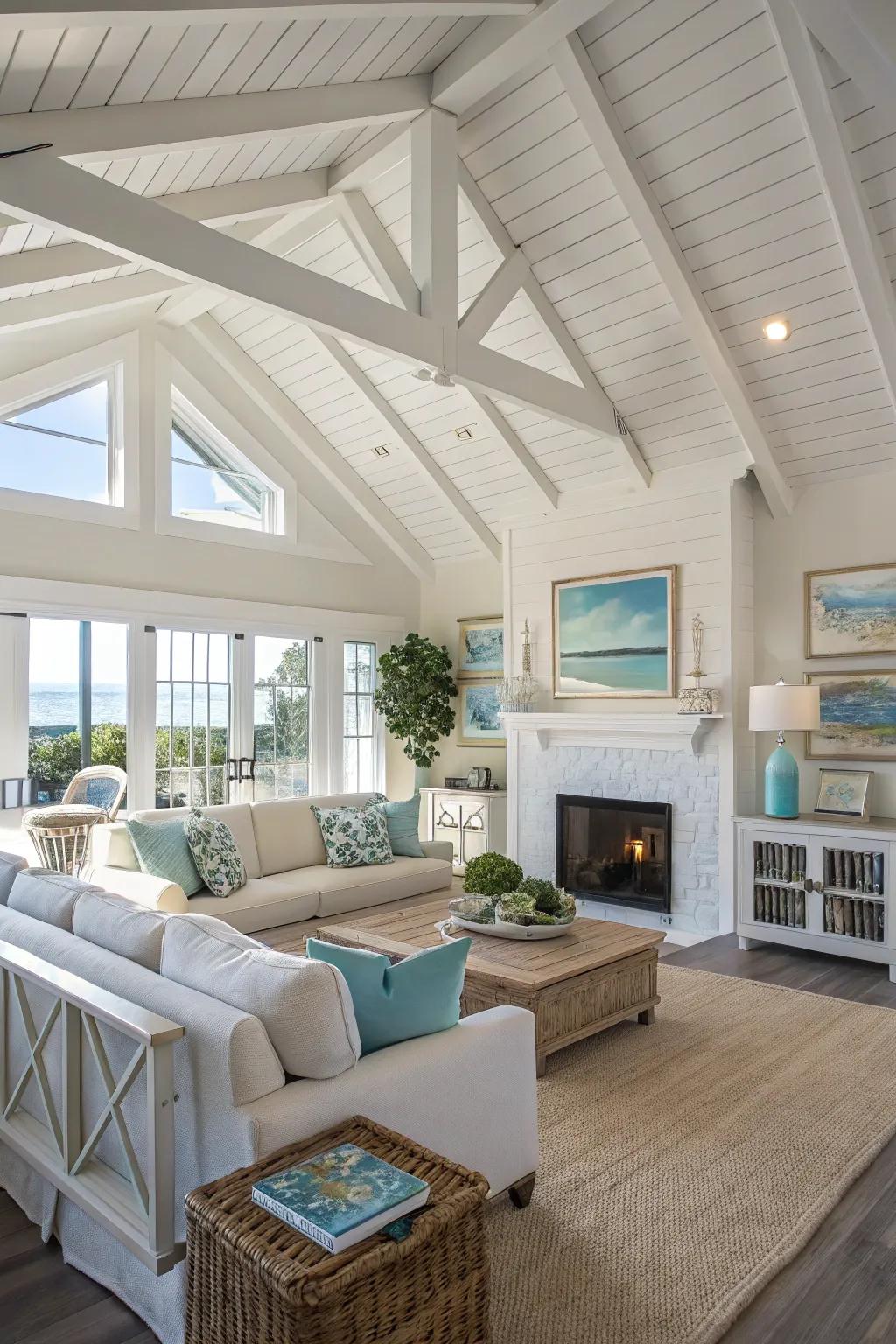 A luminous and breezy area featuring bleached beams that amplify the vaulted ceiling's appeal.