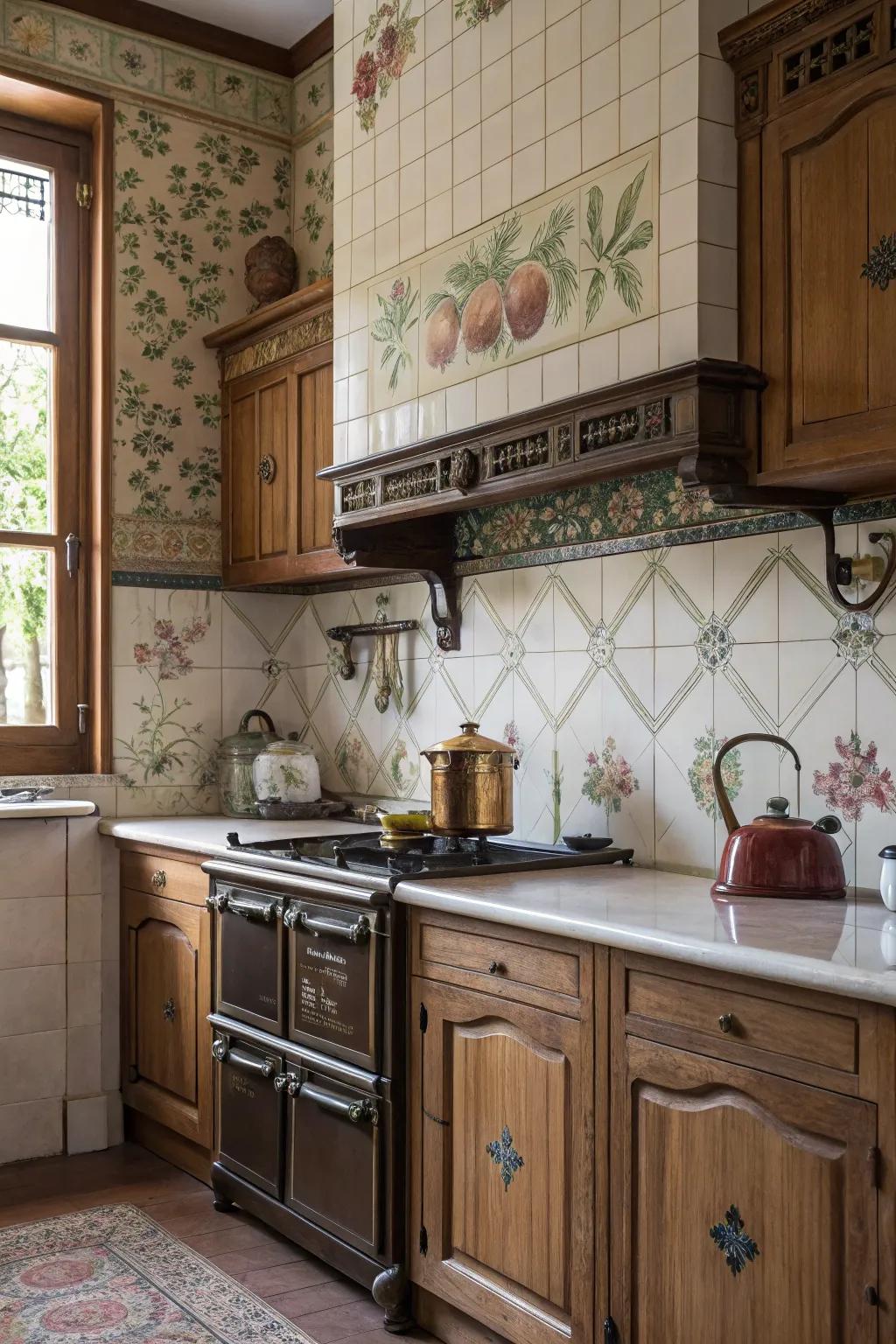 A timeless backsplash with floral tiles radiates Victorian charm.