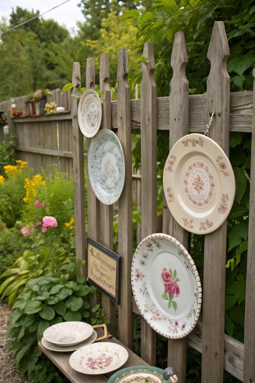Hang vintage decor for a unique garden accent.