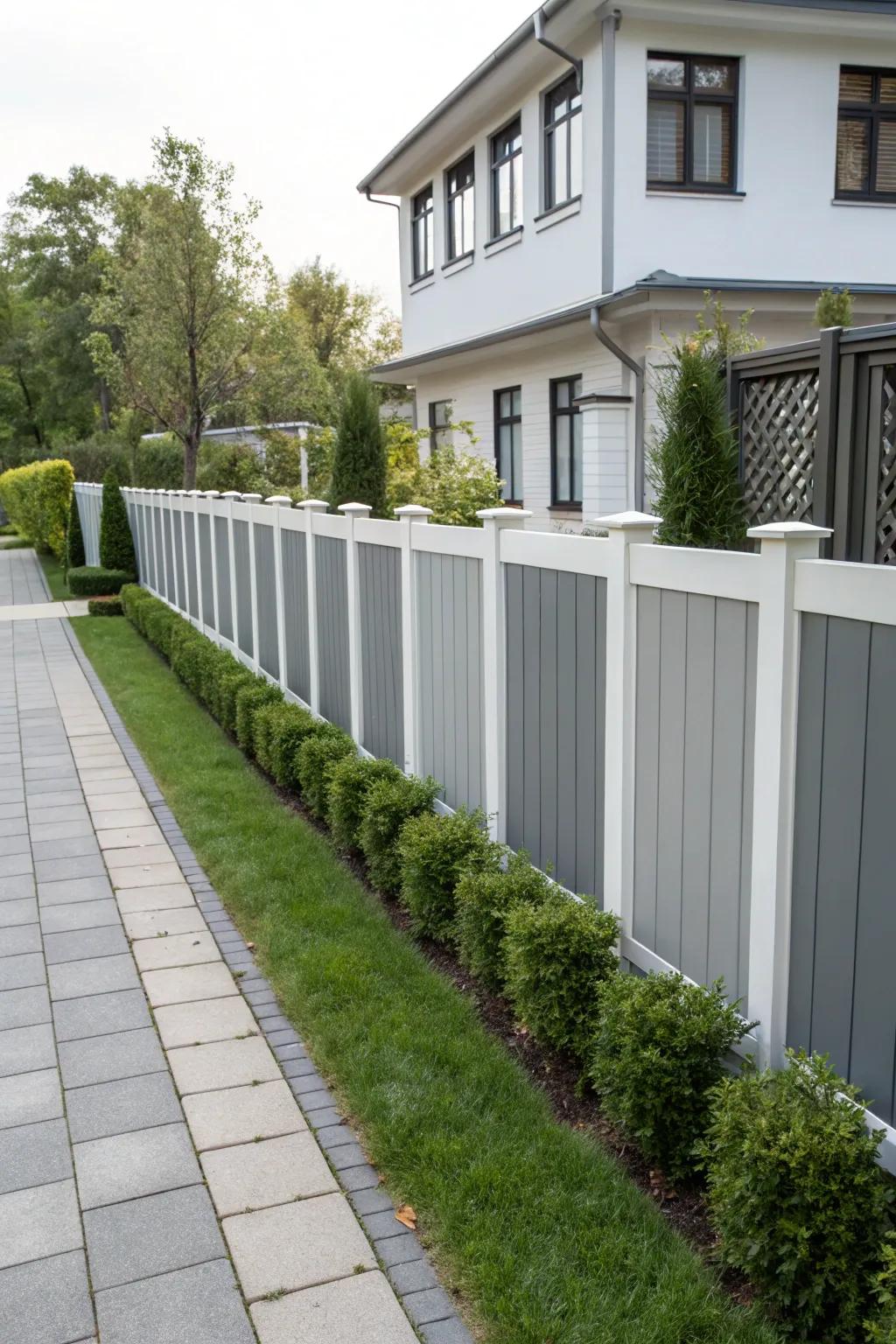 Two-tone vinyl fencing for a modern look.