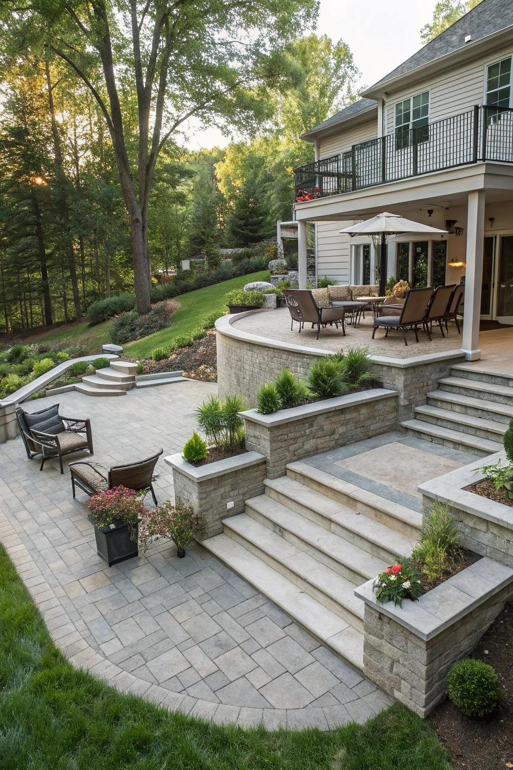 A multi-level walkout basement patio with stylish terraces and steps.