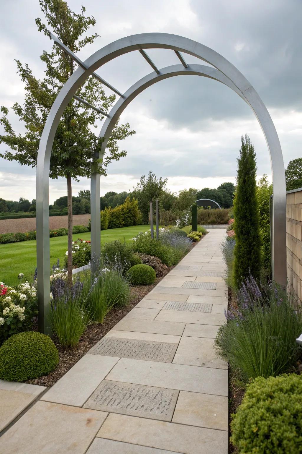 Metallic arches present a contemporary feel through their refined lines and durability.