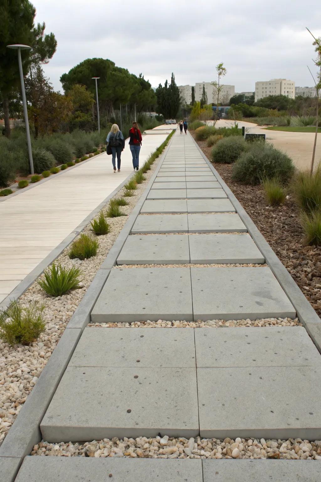 A modern walkway featuring concrete slabs and pebbles, set against a backdrop of minimalist greenery.